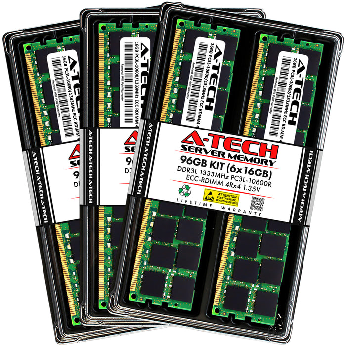 96GB Kit (6 x 16GB) 4Rx4 DDR3-1333 PC3-10600R RDIMM ECC Registered 1.35V 240-Pin Server Memory RAM