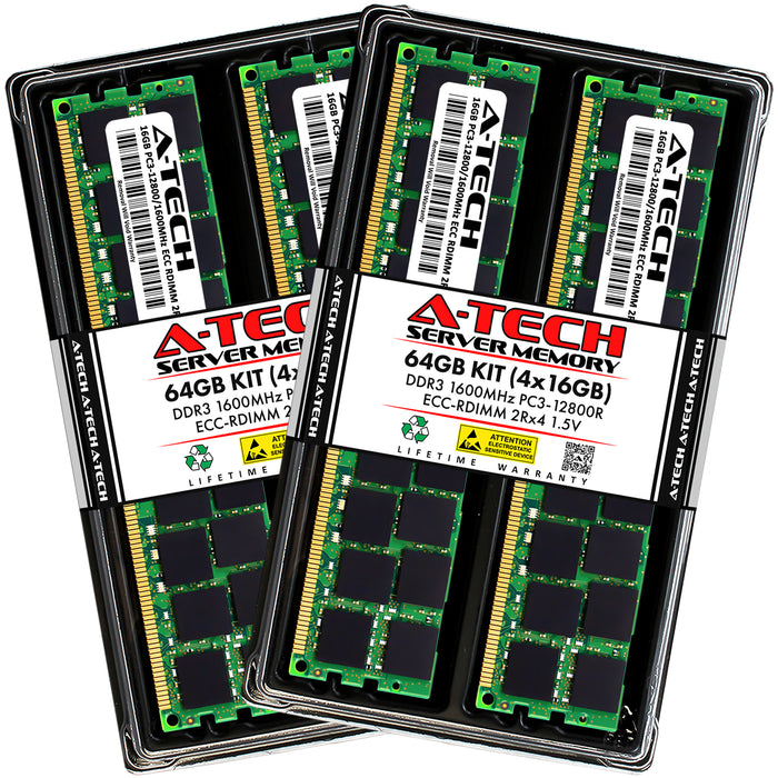 64GB Kit (4 x 16GB) 2Rx4 DDR3-1600 PC3-12800R RDIMM ECC Registered 1.5V 240-Pin Server Memory RAM