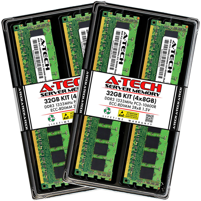 A-Tech 32GB (4x 8GB) 2Rx8 PC3-10600 DDR3 1333 MHz ECC RDIMM Registered DIMM Dual Rank Server RAM Memory Upgrade Kit