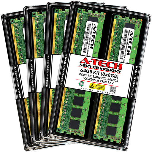 A-Tech 64GB (8x 8GB) 2Rx8 PC3-10600 DDR3 1333 MHz ECC RDIMM Registered DIMM Dual Rank Server RAM Memory Upgrade Kit