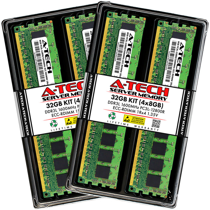 32GB Kit (4 x 8GB) 1Rx4 DDR3-1600 PC3-12800R RDIMM ECC Registered 1.35V 240-Pin Server Memory RAM