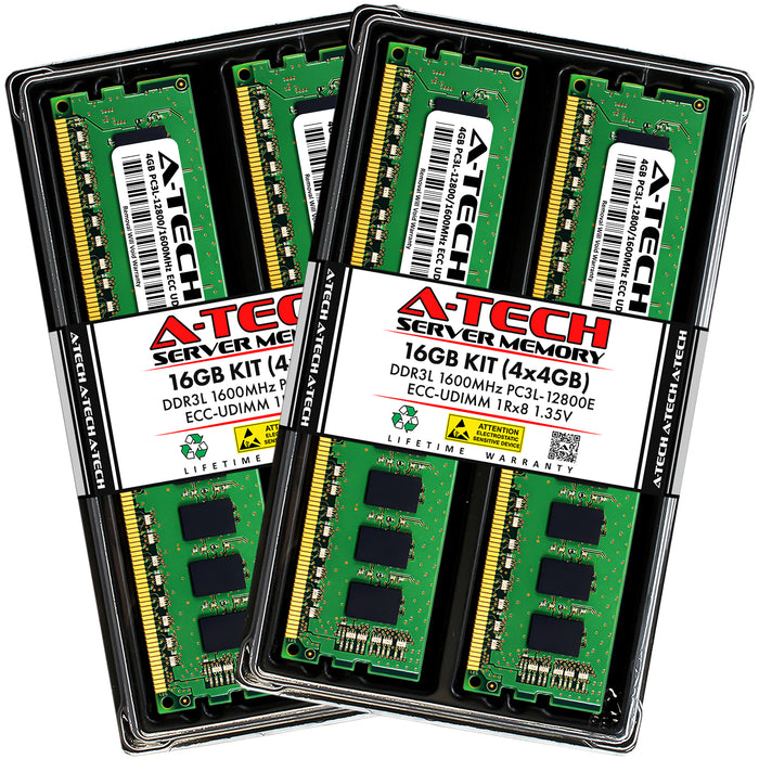 16GB Kit (4 x 4GB) 1Rx8 DDR3-1600 PC3-12800E UDIMM ECC Unbuffered 1.35V 240-Pin Server Memory RAM