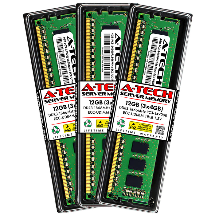 12GB Kit (3 x 4GB) 1Rx8 DDR3-1866 PC3-14900E UDIMM ECC Unbuffered 1.5V 240-Pin Server Memory RAM