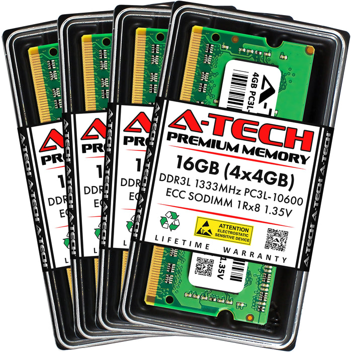 A-Tech 16GB (4x 4GB) 1Rx8 PC3-10600 DDR3 1333 MHz ECC SODIMM Single Rank Microserver RAM Memory Upgrade Kit