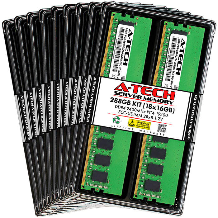 288GB Kit (18 x 16GB) 2Rx8 DDR4-2400 PC4-19200E UDIMM ECC Unbuffered 1.2V 288-Pin Server Memory RAM