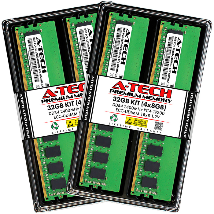 32GB Kit (4 x 8GB) 1Rx8 DDR4-2400 PC4-19200E UDIMM ECC Unbuffered 1.2V 288-Pin Server Memory RAM