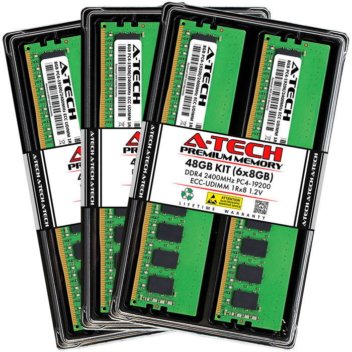 48GB Kit (6 x 8GB) 1Rx8 DDR4-2400 PC4-19200E UDIMM ECC Unbuffered 1.2V 288-Pin Server Memory RAM