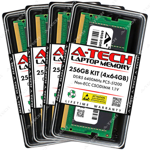 A-Tech 256GB (4x 64GB) PC5-51200 DDR5 6400 MHz CSODIMM Laptop RAM Memory Upgrade Kit