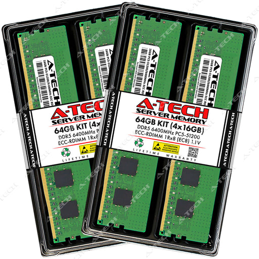 A-Tech 64GB (4x 16GB) 1Rx8 PC5-51200 DDR5 6400 MHz EC8 RDIMM Single Rank 288-Pin Server RAM Memory Upgrade Kit
