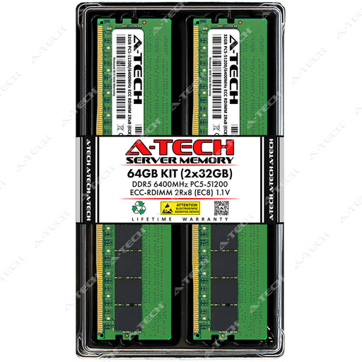 A-Tech 64GB (2x 32GB) 2Rx8 PC5-51200 DDR5 6400 MHz EC8 RDIMM Dual Rank 288-Pin Server RAM Memory Upgrade Kit