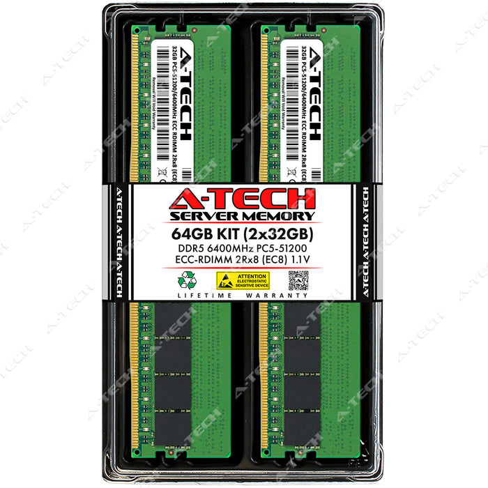 A-Tech 64GB (2x 32GB) 2Rx8 PC5-51200 DDR5 6400 MHz EC8 RDIMM Dual Rank 288-Pin Server RAM Memory Upgrade Kit