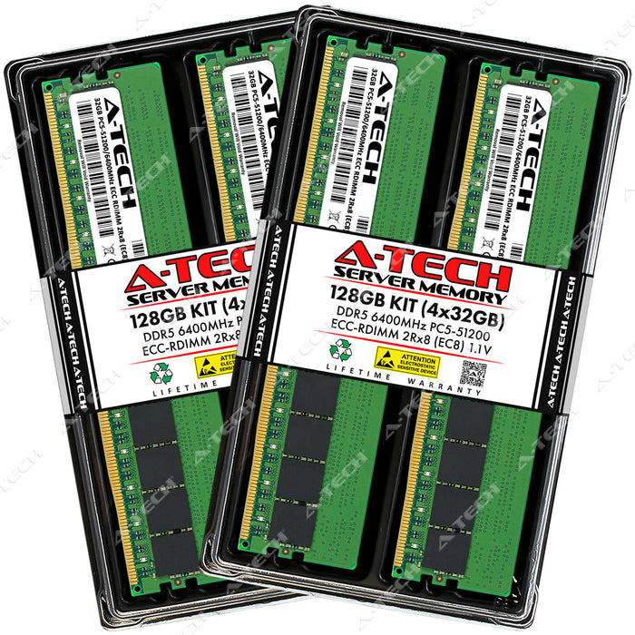 A-Tech 128GB (4x 32GB) 2Rx8 PC5-51200 DDR5 6400 MHz EC8 RDIMM Dual Rank 288-Pin Server RAM Memory Upgrade Kit