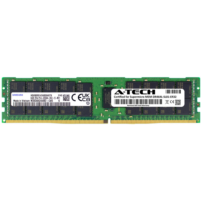 MEM-DR464L-SL01-ER32 Supermicro Certified 64GB DDR4 PC4-25600R RDIMM Memory RAM Module (Samsung M393A8G40AB2-CWE)