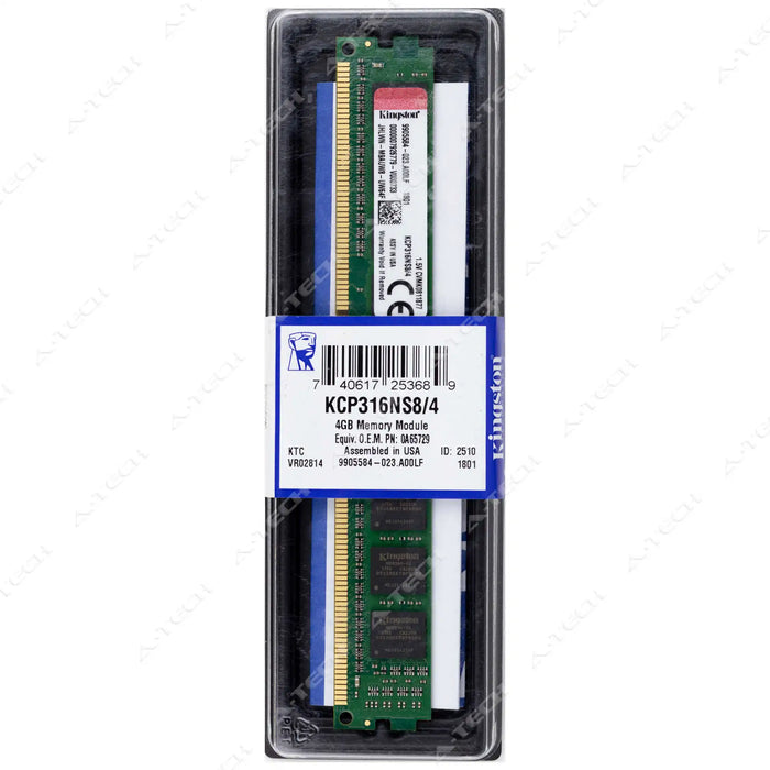KCP316NS8/4 - Kingston RAM 4GB 1Rx8 PC3-12800 DIMM DDR3 1600MHz Non-ECC Unbuffered Desktop Memory Module