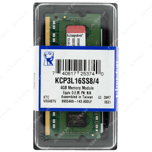KCP3L16SS8/4 - Kingston RAM 4GB 1Rx8 PC3-12800 SODIMM DDR3 1600MHz Non-ECC Unbuffered Laptop Memory Module