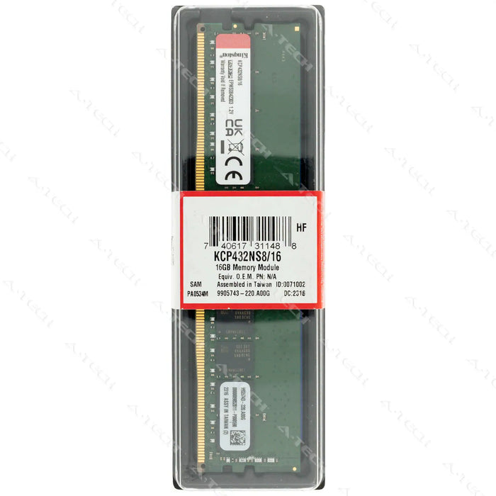 KCP432NS8/16 - Kingston RAM 16GB 1Rx8 PC4-25600 DIMM DDR4 3200MHz Non-ECC Unbuffered Desktop Memory Module