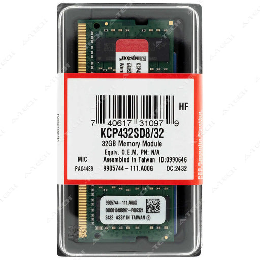 KCP432SD8/32 - Kingston RAM 32GB 2Rx8 PC4-25600 SODIMM DDR4 3200MHz Non-ECC Unbuffered Laptop Memory Module